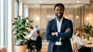 A portrait-style image of a professional looking confident and composed, dressed in modern smart-casual or business attire