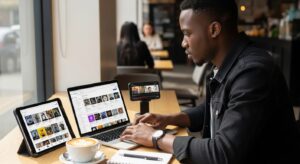 A young professional using multiple devices: smartphone, tablet, and laptop, each displaying different social media platforms