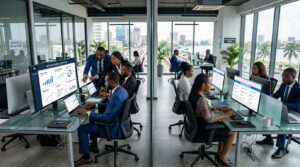 professionals in formal business attire working on laptops and large desktop screens