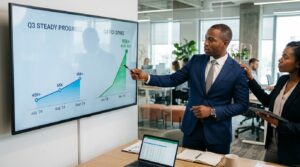 A corporate office setting analyzing performance data on a large screen