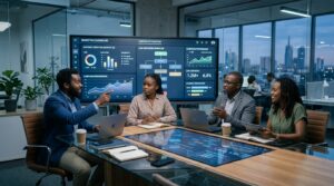 workspace with a team of professionals collaborating around a large digital screen displaying advanced marketing data