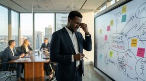 A man looks slightly frustrated or overwhelmed in front of a whiteboard