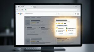 Ultra-realistic close-up of a modern browser window displaying Google search results with one business highlighted by multiple five-star reviews, verification symbols, trusted badges, positive ratings, and secure website indicators