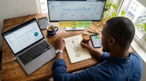 A wooden desk sketching a marketing funnel on a notepad
