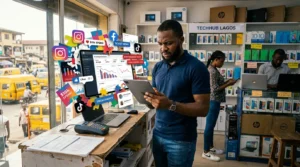 a frustrated man with a marketing dashboard on a tablet