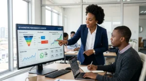 A woman and a man in front of a large monitor, displaying marketing analytics with conversion funnels, cost-per-lead charts, ROI graphs, website traffic trends, WhatsApp enquiry statistics, Google Analytics metrics, and Meta Ads performance reports