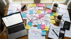 A desk covered with printed campaign diagrams connected by tangled red strings, dozens of sticky notes