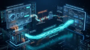 A transparent cutaway of a modern website interface connected through glowing data streams to Meta's advertising ecosystem