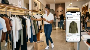 A lady checking out clothers at a fashion store, while also looking at her phone