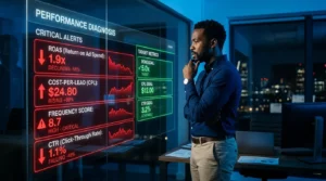 An analytics dashboard projected onto a glass office wall. A man studies declining ROAS, rising cost-per-lead, high frequency score, and falling CTR highlighted in red
