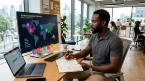 A man sitting at a modern workspace planning global expansion