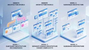 3D isometric illustration showing three website architecture models side by side