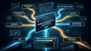 conceptual SEO illustration showing a central Nigerian business website connected through glowing backlink lines to authoritative news websites