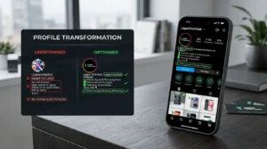 photograph of a modern smartphone displaying an Instagram business profile being strategically optimised
