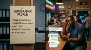 An advertising photograph showing the difference between a generic demographic profile and a real customer situation.