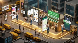 Miniature city environment showing a customer's journey moving through four distinct environments connected by a glowing pathway 