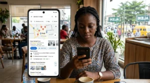 A lady searching for a dental clinic on Google Maps from a smartphone