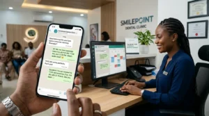 A scene showing how a dental clinic uses WhatsApp as its actual booking channel, showing a smartphone displaying a WhatsApp Business conversation 