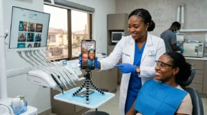 Behind-the-scenes photograph inside a dental clinic where a dental professional is creating social media content with her patient