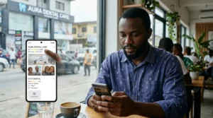 A man comparing two dental clinic profiles on his smartphone