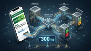 A smartphone displaying a news website is connected by glowing data pathways to multiple floating servers labelled Publisher, Ad Exchange, DSP, and Advertiser