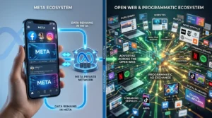 A smartphone displaying Facebook and Instagram feeds connected only to one central Meta network