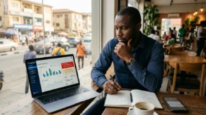 A man reviewing marketing reports on a laptop