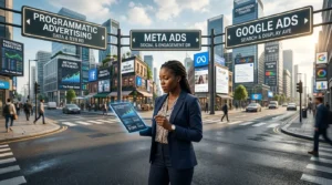 A large intersection with three clearly marked roads. Each road is labelled using elegant signboards: Google Ads, Meta Ads, and Programmatic Advertising