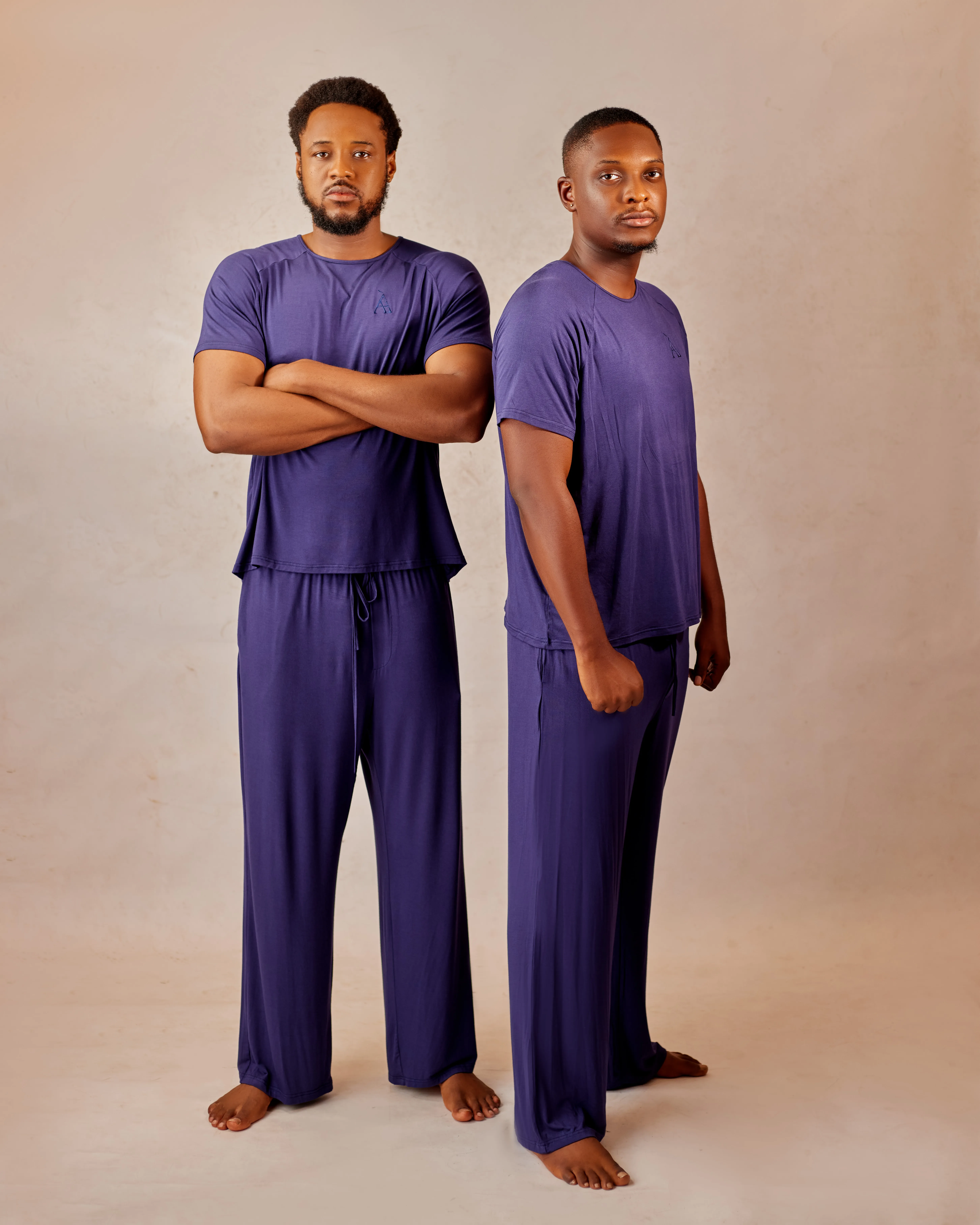Oxgital-produced Àlàyò brand shoot featuring two male models wearing the brand's loungewear.